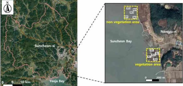 Fig. 1. Research area and drone monitoring points. 분석하였다. Kim(2018)는 드론을 이용한 대기환경정보 (기온, 습도, 미세먼지, 이산화탄소)를 수집할 수 있는 장 치를 개발하여 지표에서 1 km 높이까지 측정하였으며  다양한 산업에서의 활용 가능성을 제시하였다