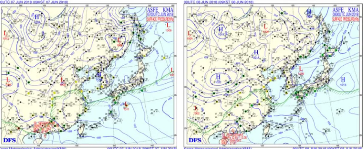 Fig. 3. Synoptic chart at 0900 LST, 7∼8 June, 2018. 