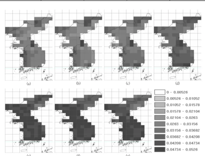 Fig. 9. First CSEOFs of Soil Moisture Simulated by the VIC Model for (a) April (b) May (c) June (d) July (e) August (f) September (g) October