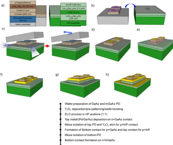 Figure 1.  Fabrication process of multicolor PDs with Y 2 O 3  bonding layer. Schematic of a process flow for 
