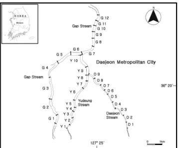 Figure 1. Map of the survey sites in the Daejeon  Metropolitan City 봉산에서 발원하여 대전광역시계로 흘러들어 갑천과 합류 되는 국가하천이다