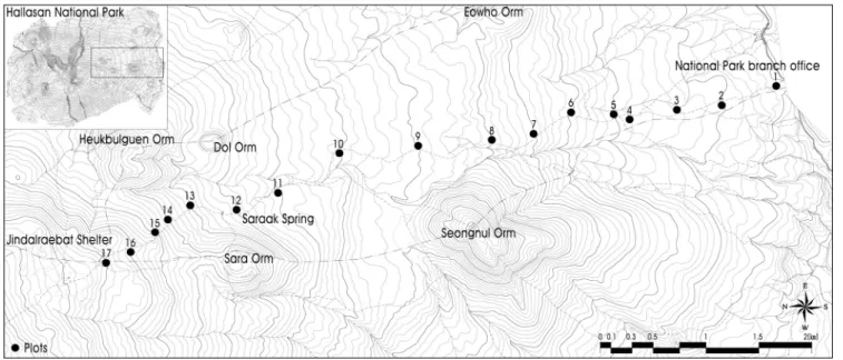 Figure 1. Map of the survey plots in the Hallasan National Park  2. 조사 및 분석 1) 식생 및 환경요인 조사 한라산국립공원 동사면의 해발고별 식생 분포 및 구조를  조사하기 위하여 성판악 탐방로를 중심으로 해당 해발고의  식생특징을  잘 나타내는 지역을 선정하여 식생조사를 실시 하였다