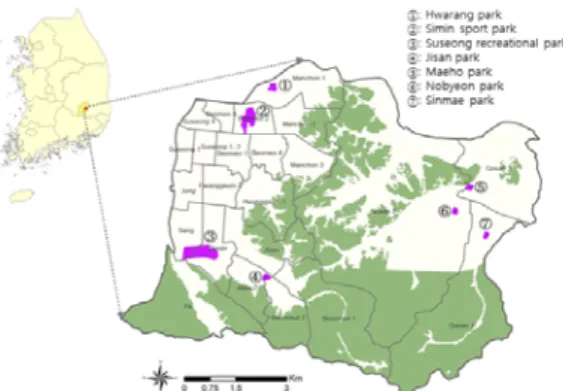 Fig. 1. Location of study area and parks.