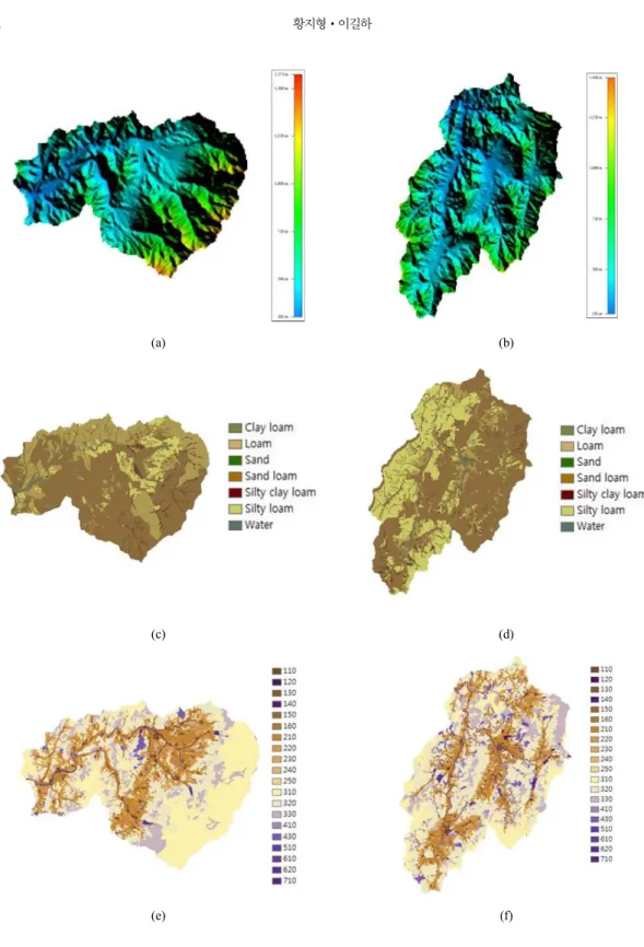 Fig. 3. Surface characteristics of study site; (a), (c) and (e) is DEM, soil texture and land cover respectively in Donghyang,  while (b), (d) and (f) is DEM, soil texture and land cover respectively in Cheoncheon.
