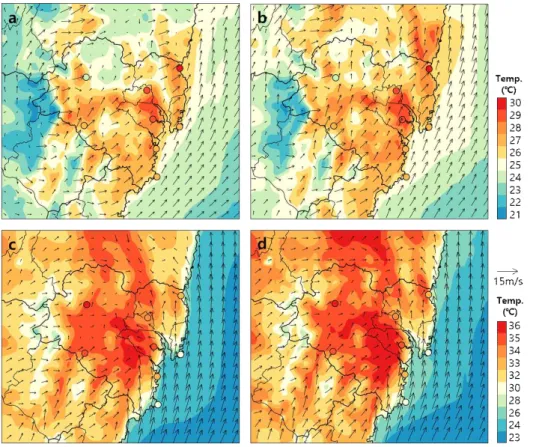 Fig. 6. Horizontal distributions of air temperature and wind for (a) WRF-BASE, 0300 KST, (b) WRF-UCM 0300 KST, (c)  WRF-BASE 1500 KST, and (d) WRF-UCM 1500 KST in 23 July 2018