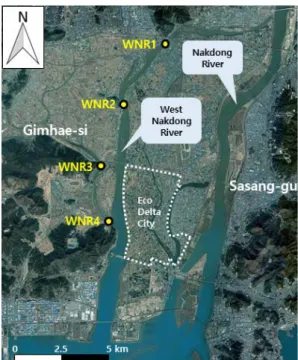 Fig.  1.  Locations  of  four  stations  in  the  West  Nakdong  River. 환경부에서 규정한 하천수의 생활환경기준 수질 성분 과 수질등급은 Table 1에 정리되어 있으며, 수질등급은  “매우 좋음(Ⅰa)”,  “좋음(Ⅰb)”,  “약간 좋음(Ⅱ)”,  “보통 (Ⅲ)”, “약간 나쁨(Ⅳ)”, “나쁨(Ⅴ)”, “매우 나쁨(Ⅵ)”의 6 등급으로 구분한다