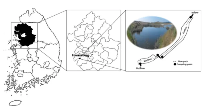 Figure 1. shows the site location and schematic diagram  of  the  CW.  The  vegetation  in  the  CW  was  designed  so  that local plants would naturally germinate and take root  (Ham and Lee, 2014)