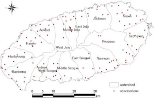 Fig. 1. Watershed and Groundwater Observations of Jejudo  (2003). 그러나 Na et al.(2007)은 제주도의 지하수 해석을 위 해 적용되는 유역설정은 지표유역을 기준으로 분석되고  있어, 지하수 모델분석의 검‧보정 과정과 결과에 대해 면 밀한 검토가 필요하다고 제시하였다