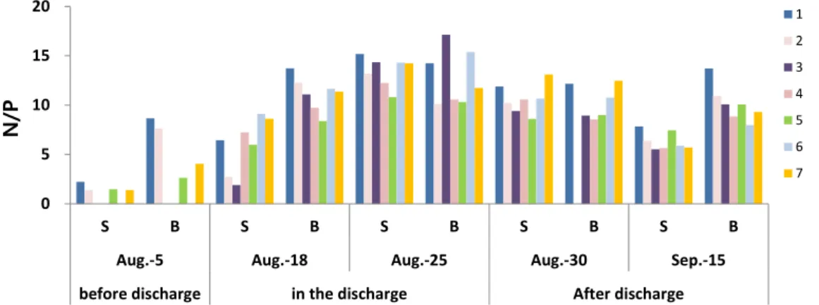 Fig. 5. Changes in DIN/DIP at each sampling site during the study periods (numbers: sampling sites, S: surface, B: near  bottom).