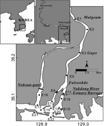 Fig. 1. Location map of the study area with sampling stations in  Nakdong River. Site for the historical water quality analysis was 