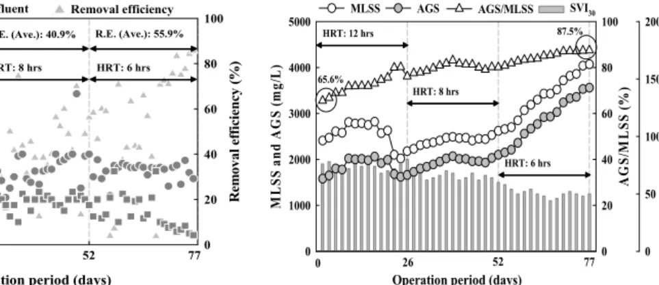 Fig. 6에는 조건별 MLSS 및 AGS 농도, AGS/MLSS  비율의 거동과 SVI 30 을 나타냈다.  본 연구의 운전초기  MLSS,  AGS  농도는  각각  2,410,  1,580  mg/L였으며  AGS/MLSS 비율은 65.6%를 나타냈다