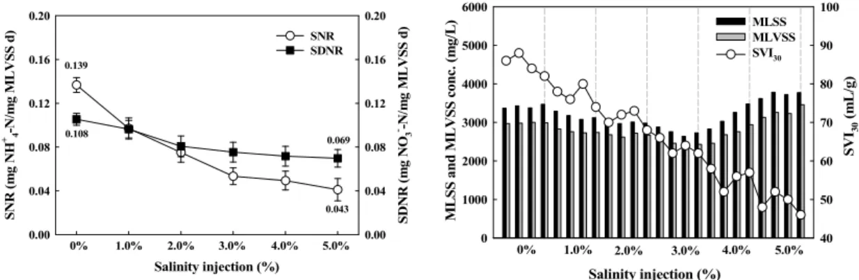Fig.  4.  Results  of  SNR  and  SDNR  value  with  salinity  injection.