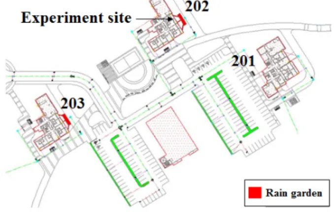 Fig. 1. Locations of rain garden and experiment site in test  bed