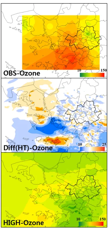 Fig.  8.  Horizontal  distributions  of  ozone  concentration  for  observation  data,  Diff(HT),  and  EXP-HIGH  at  1500LST  on  August 4, 2016.