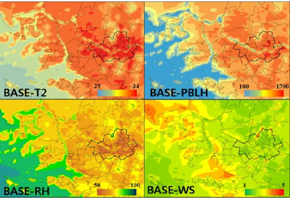 Fig. 4. Horizontal distributions of height of temperature, PBL height, humidity, wind speed for EXP-BASE during daytime  (1200 - 1800LST).