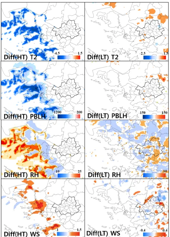 Fig.  5.  Horizontal  distributions  of  temperature,  PBL  height,  humidity,  wind  speed  for  Diff(HT)  and  Diff(LT)  during  daytime  (1200  1800LST)