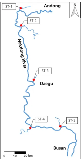 Fig.  1.  Major  tributaries  of  the  Nakdong  river  and  station  points. 3. 결과 및 고찰 3.1