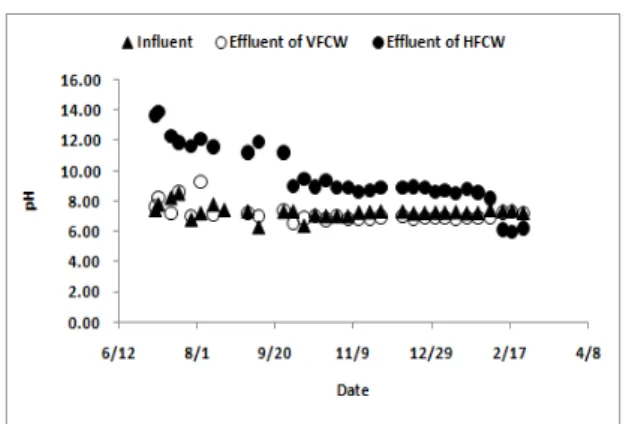 Fig.  2.  Variations  of  pH  in  vertical(VFCW)  and  horizontal  flow  constructed  wetland(HFCW)