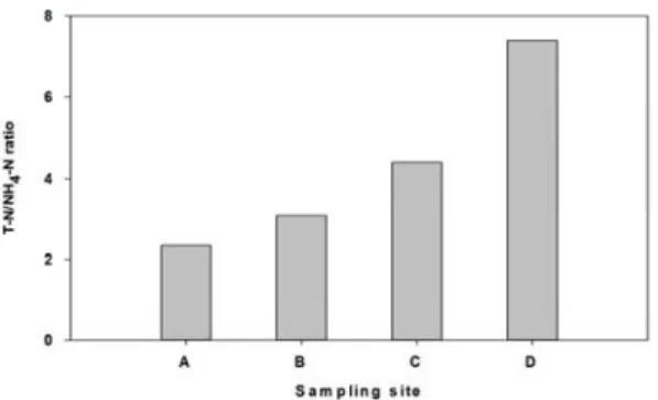 Fig. 6. Total nitrogen (T-N) to ammonia nitrogen (NH 4 -N)  ratio  in  the  sampling  sites  A,  B,  C  and  D  at  the  rainfall intensity of 4 mm/h