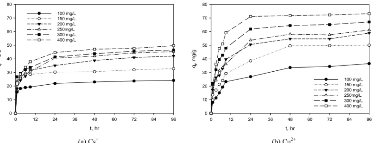 Fig. 2. Effect of contact time for the adsorption capacity of (a) Cs +  and (b) Cu 2+  by PSf-SZ beads (PSf-SZ bead= 2 g/0.2 L,  temperature = 293K).