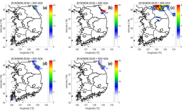 Fig. 6. The horizontal distributions of 3-hr accumulated rainfall of (a) RAR, (b) MAPLE, (c) LENS, (d) LightGBM and (e)  XGBoost at 0700 LST in August 6, 2018 (CASE 4).