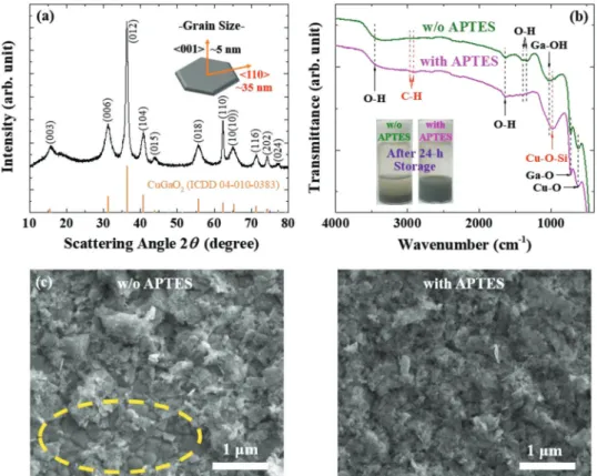 Figure 1.  The effect of APTES treatment on the CuGaO 2 -nanoparticle nanostructures. a) X-ray diffraction of CuGaO 2  nanoparticles, and extracted grain 
