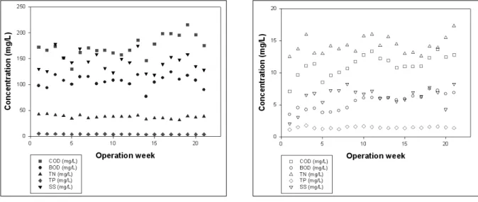 Fig. 5에서는  SRT(Solid Retention Time, 고형물체류시 간 )에  따른  오염항목  별  제거  효율을  분석하였다.  초기  운전  SRT는  실시설계  시  수행한  하수모형실험결과와  동 일한  공법으로  타  지역에서  운전  중인  마을하수도  운전  결과를  참고하여  결정하였다 
