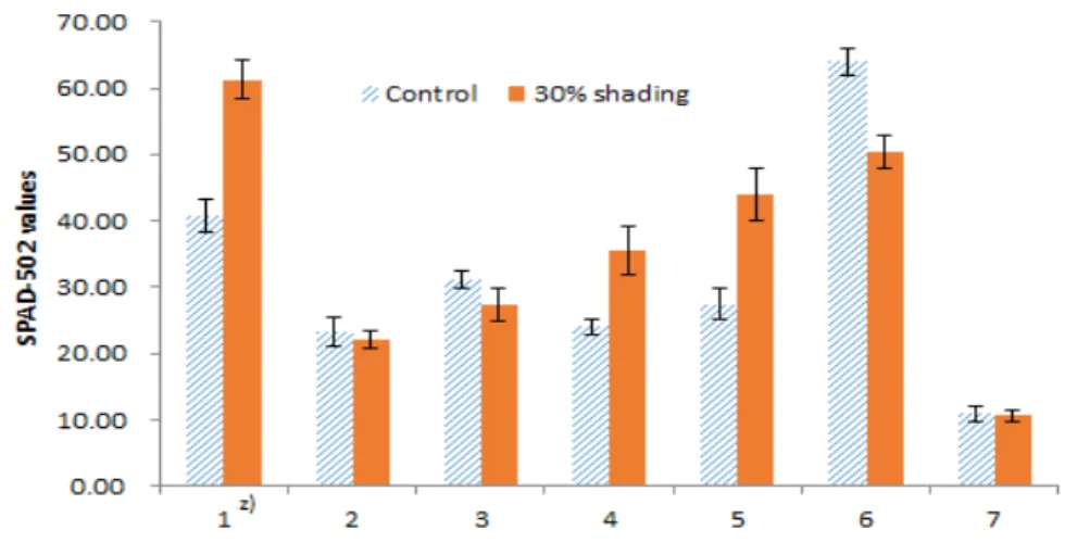 Fig. 3. Specific leaf area of 7 fruit trees in response to different light levels. All data were measured on November 30 th 2018 at 3 years after treatment.