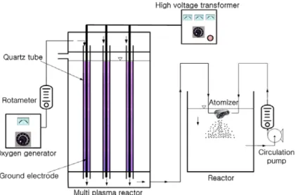 Fig. 1. Schematic diagram of plasma system and gas-liquid mixing reactor. 