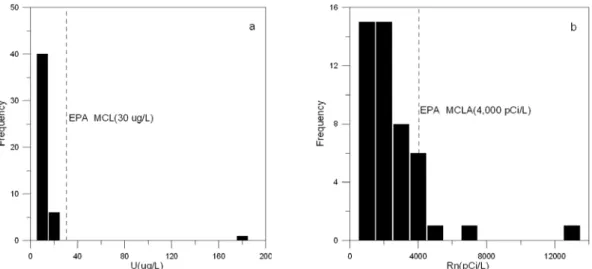 Fig. 5. Histogram of uranium and radon contentrations in groundwater.