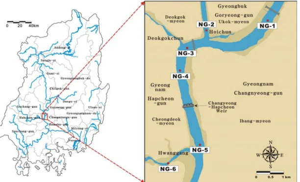 Fig. 1. Map showing sampling site of the study area. 광역시 (부산광역시,  대구광역시,  울산광역시)와  5개  도 (경상 남 북도,  전라 남 북도,  강원도)의 일부를  포함하고 있다 (NIER, 2008)