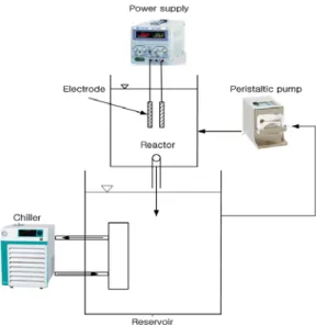 Fig. 2. Schematic diagram of apparatus for accelerated life  test. 실험에 이용할 전압과 전류량을 결정하기 위한 예 비 테스트 결과, NaCl 4 g/L의 전해질 조건에서 전극 수명이 다할 때의 전압 상승(5  V)과 여유치 전압 5V 정도를 고려하여 전원 공급장치의 최고 전압인 50 V와의 전압 간격이 10  V  정도가 되도록 초기 전압을 33~35  V를  높여  인가할  수  있는  전류인  3 