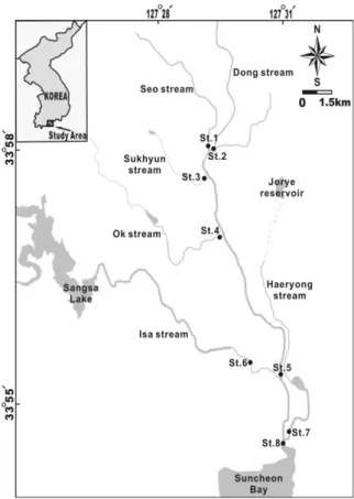 Fig. 1. Map showing the sampling points at the stream  flowing into the Suncheon Bay in Suncheon city