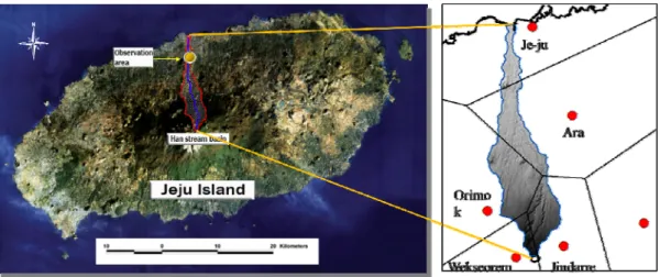 Fig. 1. Research basin.그 중 강우-유출사상이 가장 크게 발생된 3개 사상(볼라벤, 산바(2012), 차바(2016))의 결과를 제시하였다