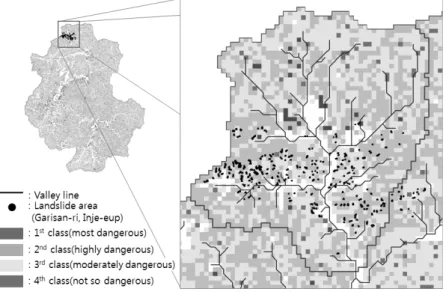 Fig. 3. Overlapping the landslide hazard map from Korea Forest Service and  landslide area in this study