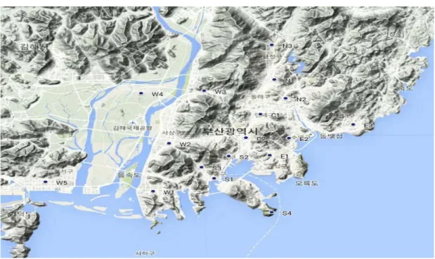 Fig. 1. Location of automatic air quality monitering sites in topographic map of Busan metropolitan area