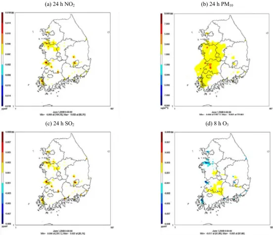 Fig. 7. Horizontal distributions of the simulated concentration difference applied by industrial complex development plans  in summer: (a) 24 h NO 2 , (b) 24 h PM 10 , (c) 24 h SO 2 , (d) 8 h O 3  (after application-before application).