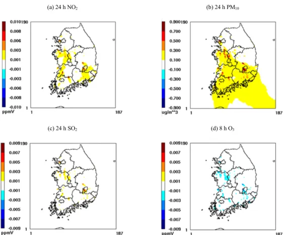 Fig. 9. Horizontal distributions of the simulated concentration difference applied by industrial complex development plans in  winter: (a) 24 h NO 2 , (b) 24 h PM 10 , (c) 24 h SO 2 , (d) 8 h O 3  (after application-before application).