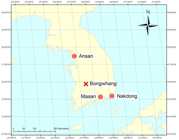 Fig. 1. Test site A (circles) and B (cross): Test site A (Ansan, Masan, and Nakdong) are in coastal zones, which represent  both river and ocean systems