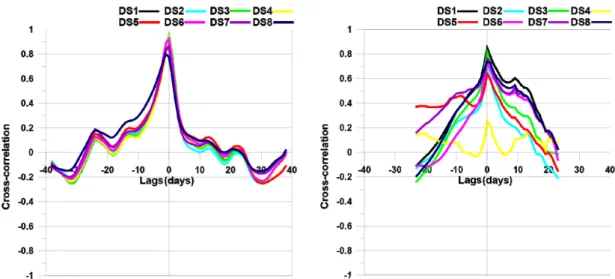 Fig. 5. Cross-correlation of the river level vs. the groundwater level during (a) wet and (b) dry seasons.