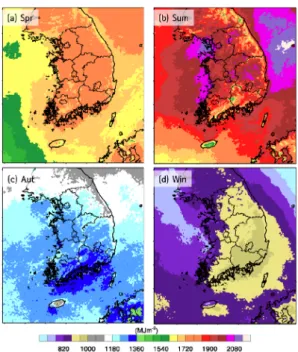 Fig.  5. Spatial distribution  of accumulated  solar  irradiance  for each season over the Korean Peninsula as computed  from the WRF predictions