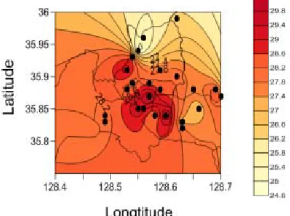 Fig.  1.  The  distribution  of  mean  temperature  during  hot  summer days (6 July 26 August 2016) in Daegu.
