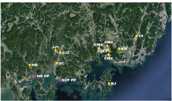 Fig. 1. Map of PM 2.5  sampling sites in Gyeongnam province. CW : Changwon, HD : Hadong, SC : Sacheon, KH : Kimhae,  YS : Yangsan, KJ : Keoje, JJ : Jinju, HD PP : Hadong Power Plant, SCP PP : Samcheonpo Power Plant.
