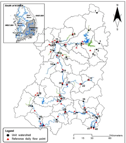 Fig. 3. Study area and stream flow measurement points in Nakdong river basin. 유사하여 상호간의 유량변화를 직접 비교할 수 있는  기존  하천유량측정지점을  말한다 