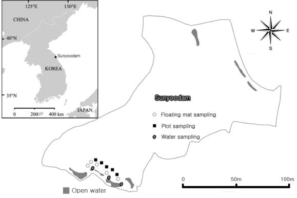 Fig. 1. Sampling points in Sunyoodam  2.2  식물상  및  식생조사  선유담  습지의  부유성  매트와  주변부에  서식하는  식 물을  확인하였다