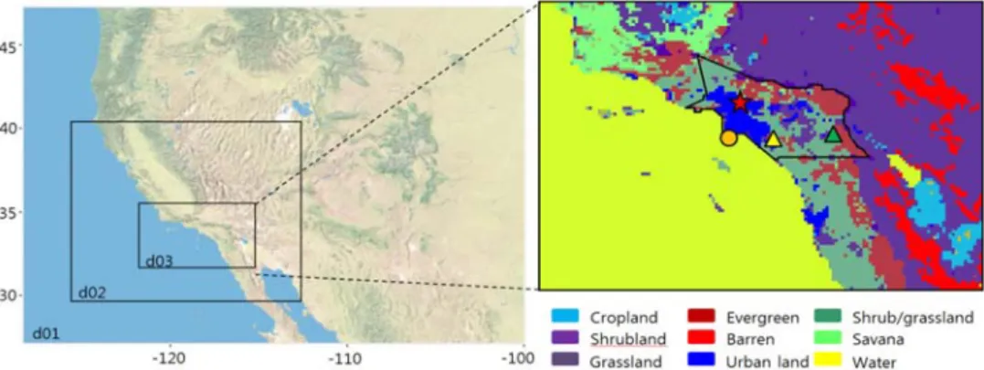 Fig. 2. Domains for WRF-VPRM modeling (left panel), and land use distributions for the finest domain (right panel) with  the locations of CIT (red star), Palos Verdes (orange dot), and flux measurement sites including shrub and grassland  (yellow triangle;