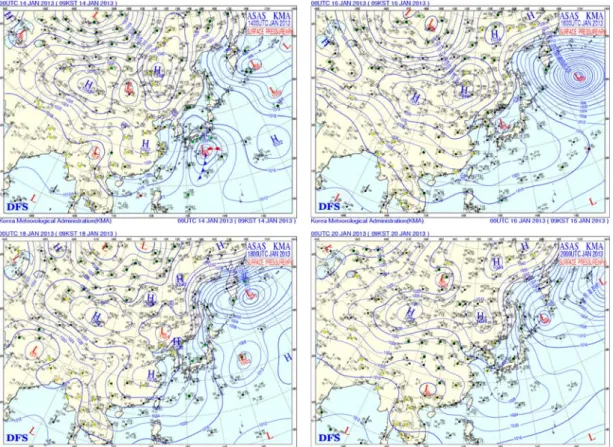 Fig. 6. Surface weather map for Jan. 14, Jan. 16, Jan. 18, and Jan. 20, 2013. 