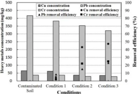Fig. 6. Heavy metals concentration and removal efficiency  of contaminated soil. 첫 번째로 Cu는 중금속 오염토양 원 시료는 65.6  mg/kg로 나타났으며,  각각의 전압조건 변화에 따른  전기분해 후 , condition 1은 62.5 mg/kg, condition 2는  37.4 mg/kg, condition 3은 34.6 mg/kg로 나타났으며, 각각의 제거율은 4.7%, 42.9%