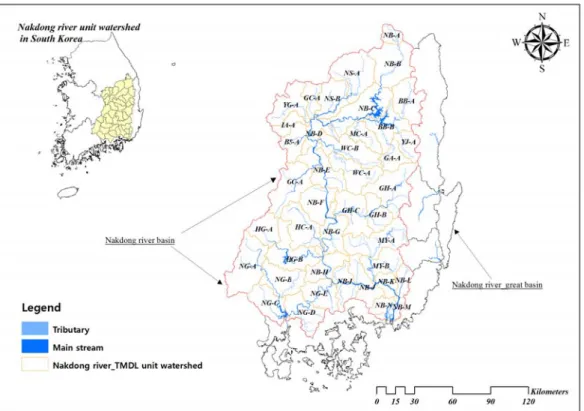 Fig. 1. Forty-one unit watershed map of Nakdong river basin. 유역평균 경사는 32.26%이다. 또한 유역 내 안동, 구 미, 대구, 부산 등 우리나라 주요 도시를 비롯하여 각 종  산업이  발달해  있으며,  유역에  생활하고  있는  1,300  여만 명의 식수원인 각종 생·공업용수(21.6%),  농업용수(51.0%) 및 하천유지용수(27.4%) 등으로 활 용되고 있다