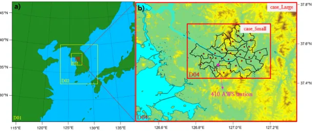 Fig. 2. a) Domains of WRF model. The rectangulars with bold lines are 4th domain areas of case_Large and case_Small